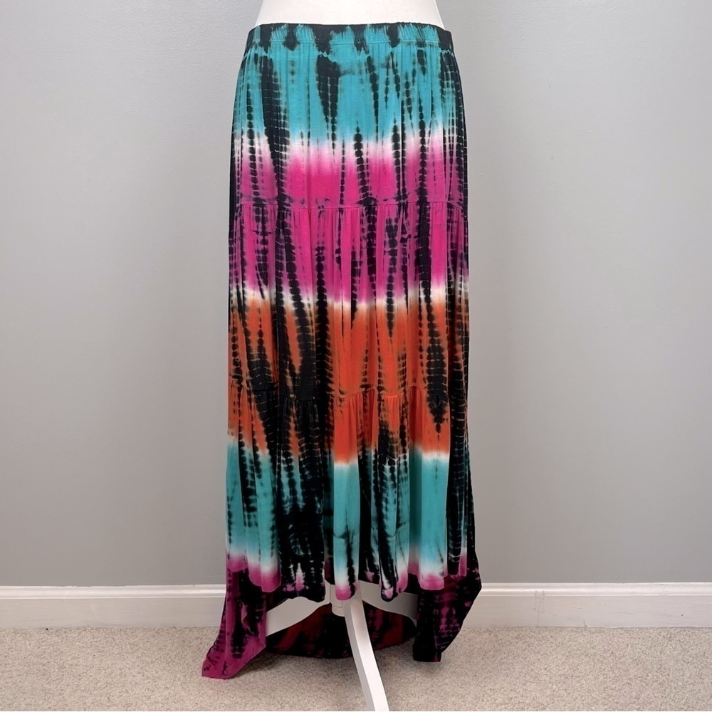 WD.NY rayon spandex blend multicolor tie dye hi-lo tiered skirt, large.